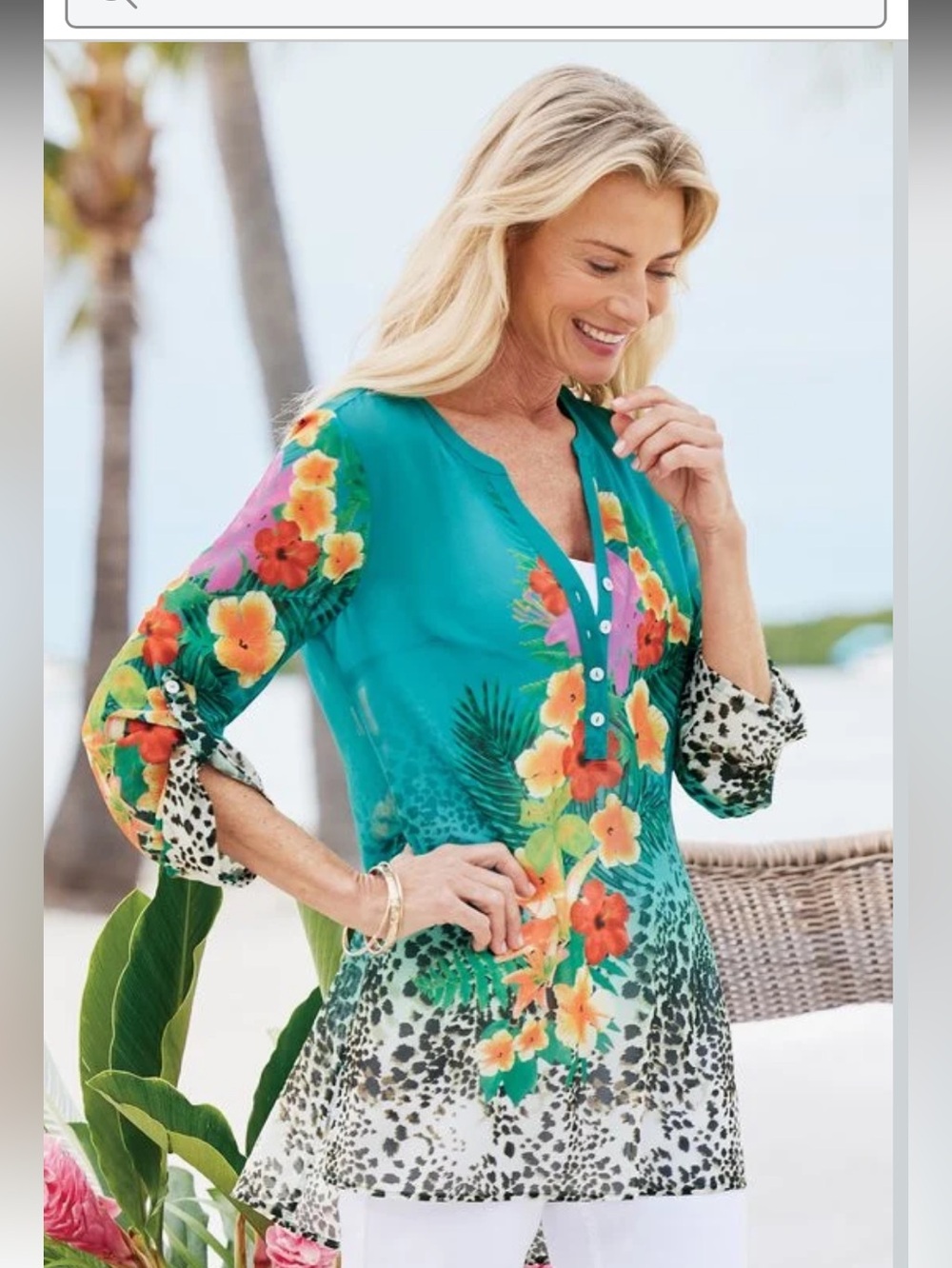 Soft Surroundings Teal Tropical Floral Cheetah Print Sheer Tunic Top Blouse Sz L - Picture 2 of 15